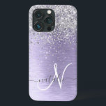Purple Brushed Metal Silver Glitter Monogram Name iPhone 13 Pro Case<br><div class="desc">Easily personalise this trendy chic phone case design featuring pretty silver sparkling glitter on a purple brushed metallic background.</div>