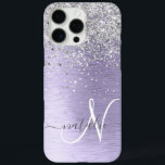 Purple Brushed Metal Silver Glitter Monogram Name iPhone 16 Pro Max Case<br><div class="desc">Easily personalise this trendy chic phone case design featuring pretty silver sparkling glitter on a purple brushed metallic background.</div>