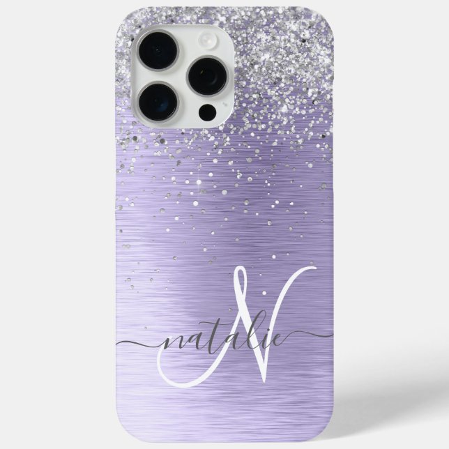 Purple Brushed Metal Silver Glitter Monogram Name Case-Mate iPhone Case (Back)