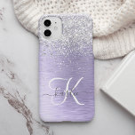 Purple Brushed Metal Silver Glitter Monogram Name Case-Mate iPhone Case<br><div class="desc">Easily personalise this trendy chic phone case design featuring pretty silver sparkling glitter on a purple brushed metallic background.</div>