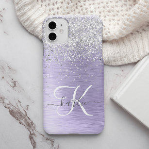 Purple Brushed Metal Silver Glitter Monogram Name Case-Mate iPhone Case