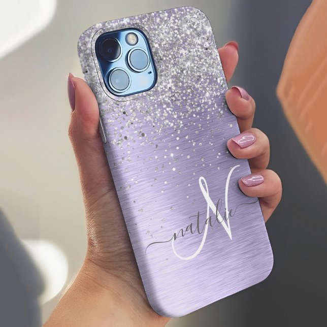 Purple Brushed Metal Silver Glitter Monogram Name Case-Mate iPhone Case (This case is a must-have for purple lovers. It has a metallic and glittery design with your name.)