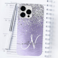 Purple Brushed Metal Silver Glitter Monogram Name