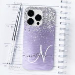 Purple Brushed Metal Silver Glitter Monogram Name Case-Mate iPhone 14 Pro Case<br><div class="desc">Easily personalise this trendy chic phone case design featuring pretty silver sparkling glitter on a purple brushed metallic background.</div>