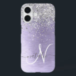 Purple Brushed Metal Silver Glitter Monogram Name iPhone 16 Case<br><div class="desc">Easily personalise this trendy chic phone case design featuring pretty silver sparkling glitter on a purple brushed metallic background.</div>