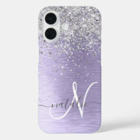 Purple Brushed Metal Silver Glitter Monogram Name