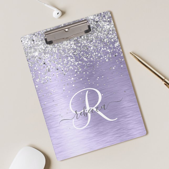 Purple Brushed Metal Silver Glitter Monogram Name Clipboard (Creator Uploaded)