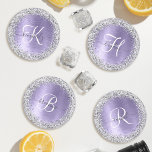 Purple Brushed Metal Silver Glitter Monogram Name Coaster Set<br><div class="desc">Easily personalise this trendy chic coaster set design featuring pretty silver sparkling glitter on a purple brushed metallic background.</div>