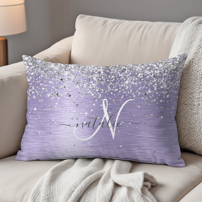 Purple Brushed Metal Silver Glitter Monogram Name Decorative Cushion (Creator Uploaded)