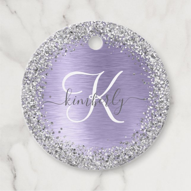 Purple Brushed Metal Silver Glitter Monogram Name Favour Tags (Front)
