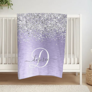 Purple Brushed Metal Silver Glitter Monogram Name Fleece Blanket