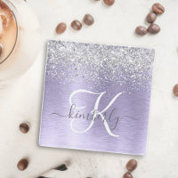 Purple Brushed Metal Silver Glitter Monogram Name