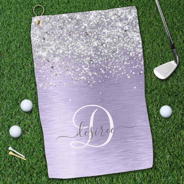 Purple Brushed Metal Silver Glitter Monogram Name Golf Towel (Creator Uploaded)