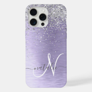 Purple Brushed Metal Silver Glitter Monogram Name iPhone 15 Pro Max Case