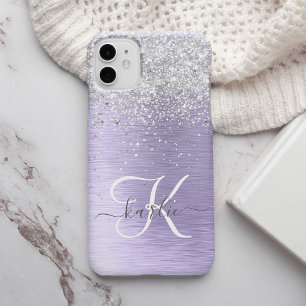 Purple Brushed Metal Silver Glitter Monogram Name iPhone 13 Pro Max Case