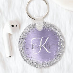 Purple Brushed Metal Silver Glitter Monogram Name Key Ring<br><div class="desc">Easily personalize this trendy chic keychain design featuring pretty silver sparkling glitter on a purple brushed metallic background.</div>
