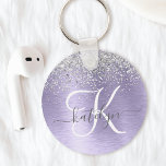 Purple Brushed Metal Silver Glitter Monogram Name Key Ring<br><div class="desc">Easily personalise this trendy chic keychain design featuring pretty silver sparkling glitter on a purple brushed metallic background.</div>