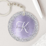 Purple Brushed Metal Silver Glitter Monogram Name Key Ring<br><div class="desc">Easily personalise this trendy chic keychain design featuring pretty silver sparkling glitter on a purple brushed metallic background.</div>