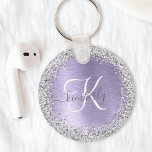 Purple Brushed Metal Silver Glitter Monogram Name Key Ring<br><div class="desc">Easily personalize this trendy chic keychain design featuring pretty silver sparkling faux glitter on a purple brushed metallic background.</div>