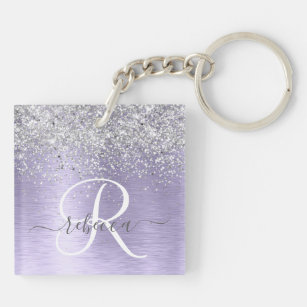 Purple Brushed Metal Silver Glitter Monogram Name Key Ring