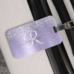 Purple Brushed Metal Silver Glitter Monogram Name Luggage Tag<br><div class="desc">Easily personalise this trendy chic luggage tag design featuring pretty silver sparkling glitter on a purple brushed metallic background.</div>