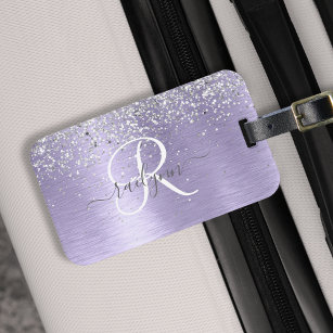 Purple Brushed Metal Silver Glitter Monogram Name Luggage Tag
