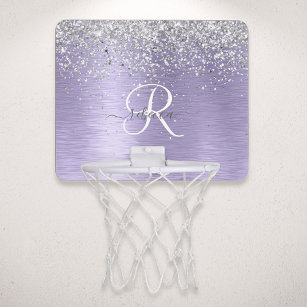 Purple Brushed Metal Silver Glitter Monogram Name Mini Basketball Hoop