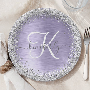Purple Brushed Metal Silver Glitter Monogram Name Paper Plate