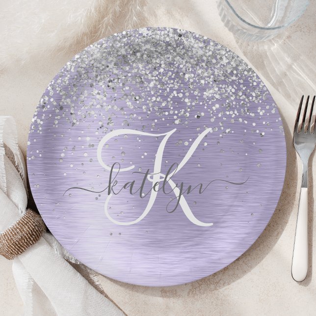 Purple Brushed Metal Silver Glitter Monogram Name Paper Plate (Creator Uploaded)
