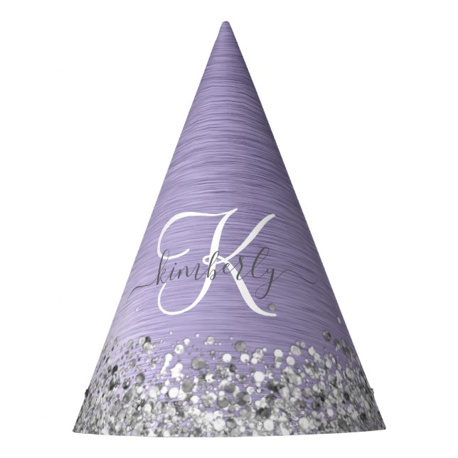 Purple Brushed Metal Silver Glitter Monogram Name Party Hat (Front)