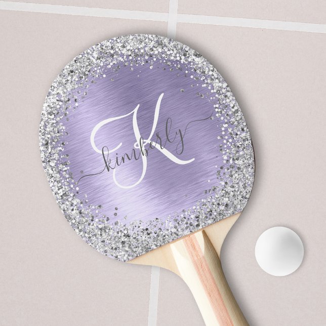 Purple Brushed Metal Silver Glitter Monogram Name Ping Pong Paddle (Creator Uploaded)