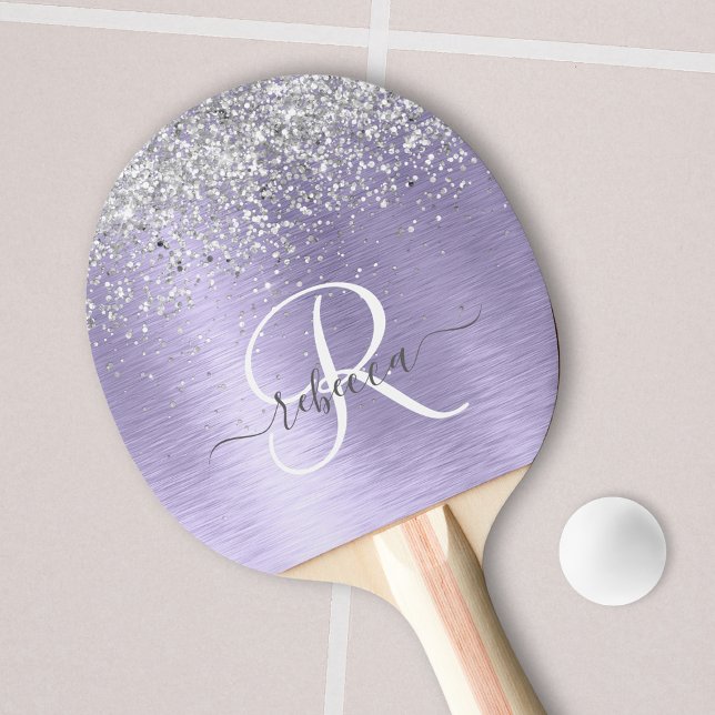Purple Brushed Metal Silver Glitter Monogram Name Ping Pong Paddle (Creator Uploaded)