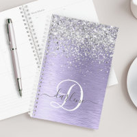 Purple Brushed Metal Silver Glitter Monogram Name