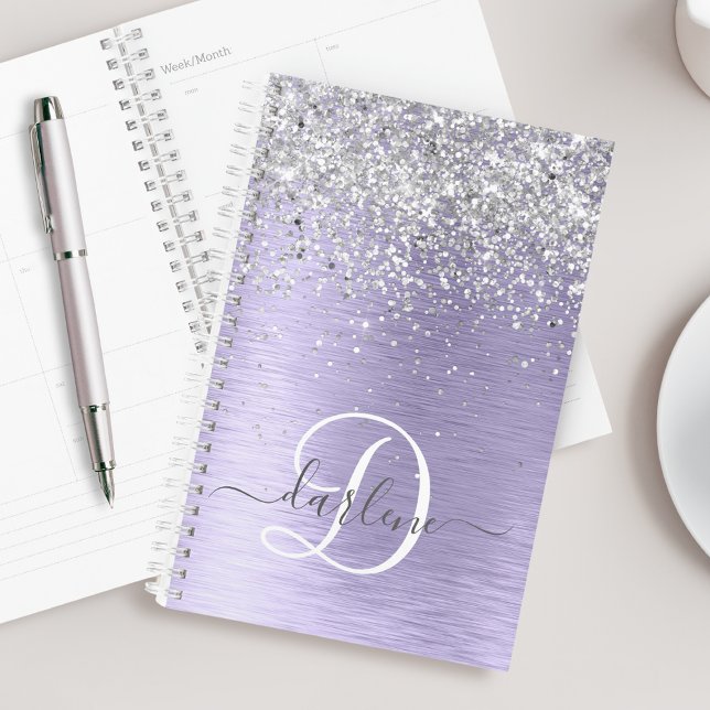 Purple Brushed Metal Silver Glitter Monogram Name Planner (Creator Uploaded)