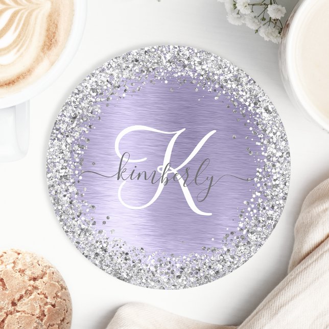 Purple Brushed Metal Silver Glitter Monogram Name Round Paper Coaster (Creator Uploaded)