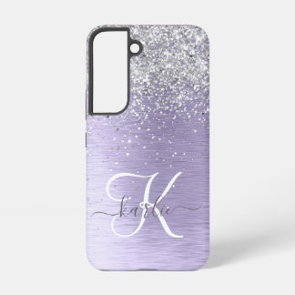 Purple Brushed Metal Silver Glitter Monogram Name Samsung Galaxy Case