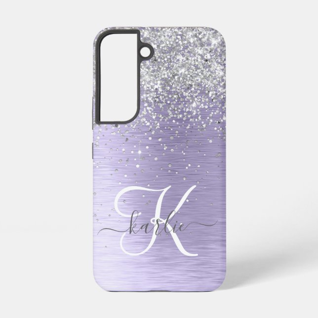 Purple Brushed Metal Silver Glitter Monogram Name Samsung Galaxy S22 Case (Back)