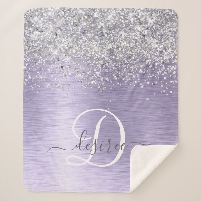 Purple Brushed Metal Silver Glitter Monogram Name Sherpa Blanket (Front)