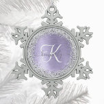 Purple Brushed Metal Silver Glitter Monogram Name Snowflake Pewter Christmas Ornament<br><div class="desc">Easily personalise this trendy chic snowflake framed Christmas ornament design featuring pretty silver sparkling glitter on a purple brushed metallic background.</div>