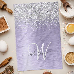 Purple Brushed Metal Silver Glitter Monogram Name Tea Towel