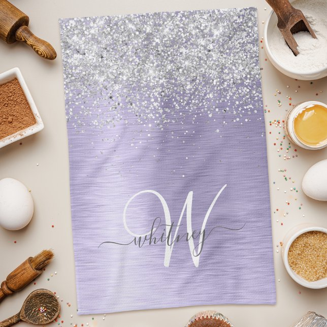 Purple Brushed Metal Silver Glitter Monogram Name Tea Towel (Creator Uploaded)
