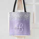 Purple Brushed Metal Silver Glitter Monogram Name Tote Bag<br><div class="desc">Easily personalise this trendy chic tote bag design featuring pretty silver sparkling glitter on a purple brushed metallic background.</div>