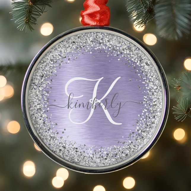 Purple Brushed Metal Silver Glitter Monogram Name Tree Decoration (Creator Uploaded)