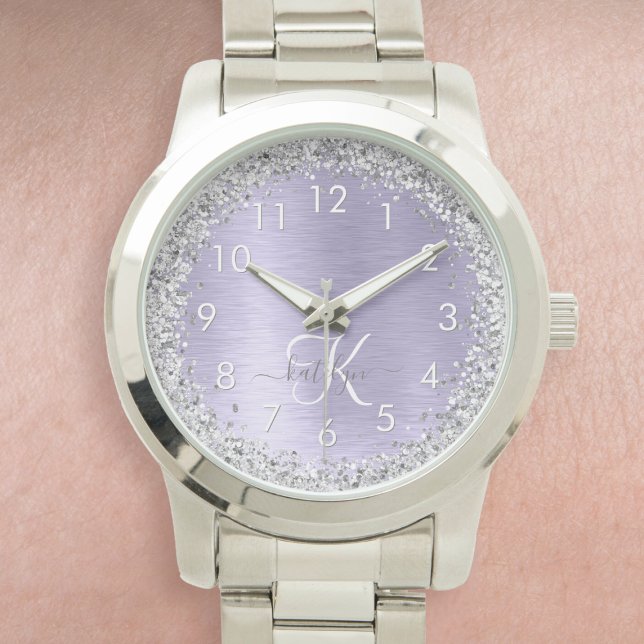 Purple Brushed Metal Silver Glitter Monogram Name Watch (Creator Uploaded)
