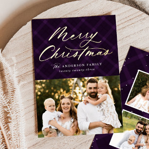 Purple Brushed Plaid Gold Foil Photo Holiday Card
