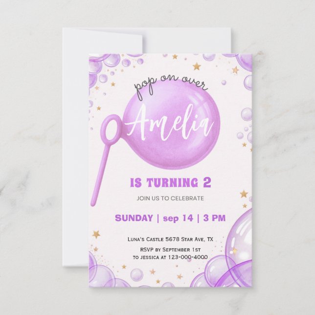 Purple Bubble Pop On Over Birthday Invitation for  (Front)