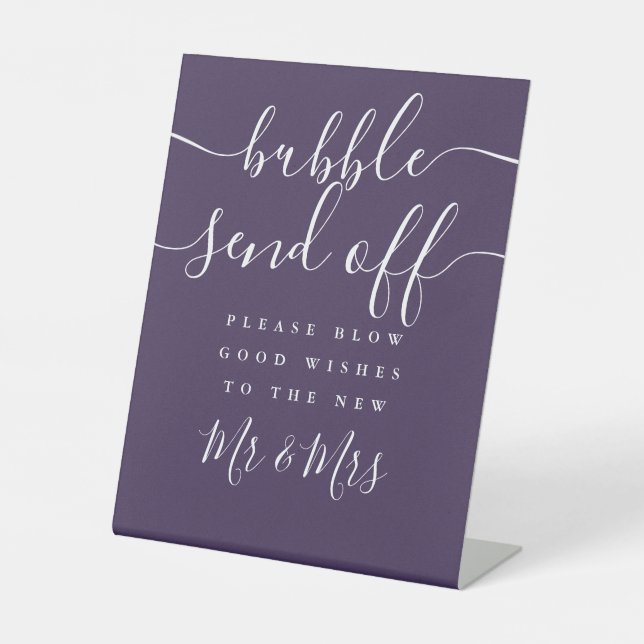 Purple Bubble Send Off Chic Script Pedestal Sign (Front)