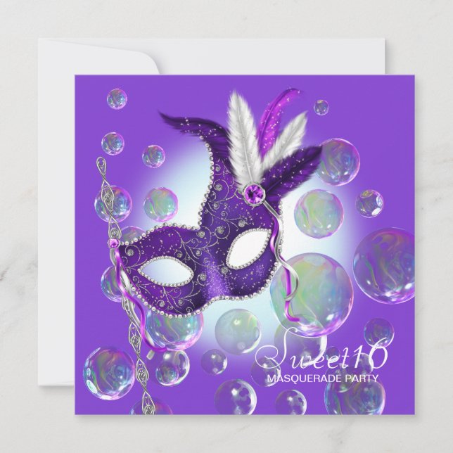 Purple Bubbles Purple Sweet Sixteen Masquerade Invitation (Front)