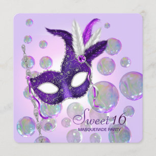 Purple Bubbles Purple Sweet Sixteen Masquerade Invitation