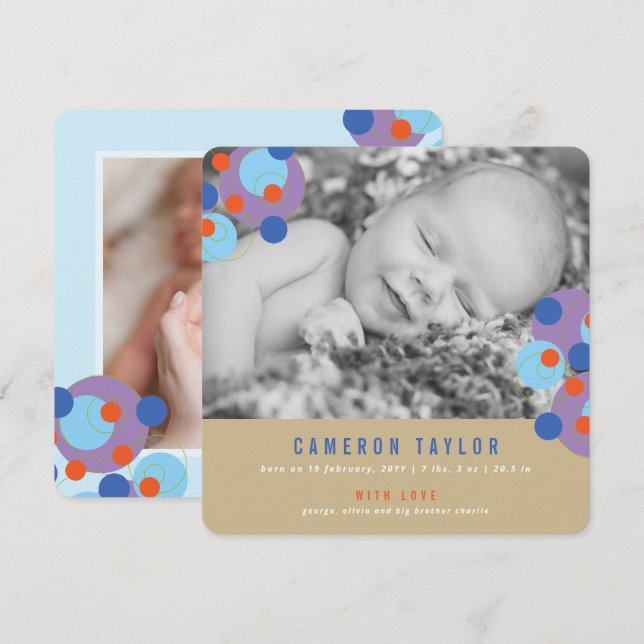 Purple Bubbly Circles Baby Boy Birth Announcement (Front/Back)